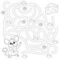 Help mouse find path to chees. Labyrinth. Maze game for kids. Black and white illustration for coloring book